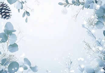 Light blue winter background framed by eucalyptus leaves, pine cones, and frosted branches