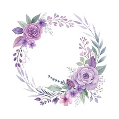 Watercolor floral frame in circular shape with flowers and botanicals, designed for wedding invitations, cards, prints, featuring a clean and artistic round composition