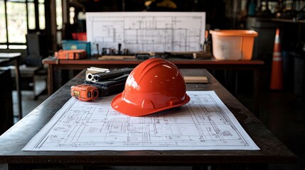 Red hard hat resting on blueprints in a workshop.