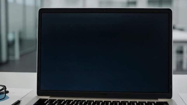 Laptop with blank screen on desk in modern office environment