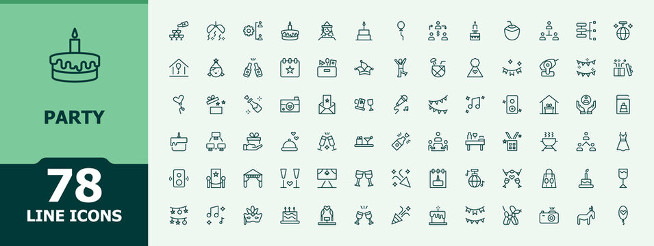 Party icon set. Minimal icons collection. Includes thin line symbols event, firework, celebration, birthday, festival, decoration, fun. Editable vector. Holiday icon set.