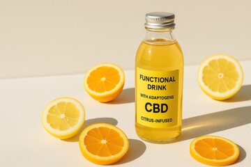 Citrus-infused functional drink bottle with adaptogens and CBD, surrounded by fresh lemon halves on a light surface, showcasing health and wellness lifestyle concept