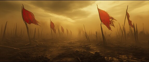 Desolate battlefield, red flags, hazy atmosphere