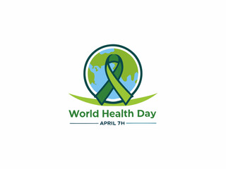 Global World Health Day Awareness Ribbon Logo ,A vibrant logo celebrating World Health Day, featuring a stylized Earth with a green and yellow awareness ribbon. 