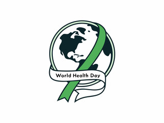 Global World Health Day Awareness Ribbon Logo ,A vibrant logo celebrating World Health Day, featuring a stylized Earth with a green and yellow awareness ribbon. 