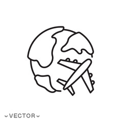 international travel on plane icon, flight around earth globe, fly airplane and world concept, thin line symbol isolated on white background, editable stroke eps 10 vector illustration