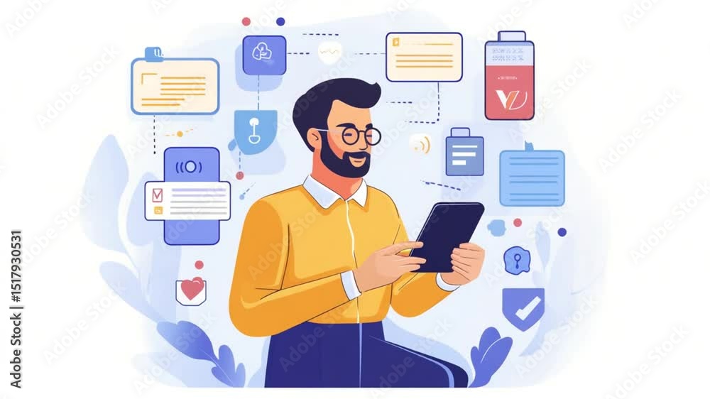 Poster business professional using application on tablet with data flow for process automation