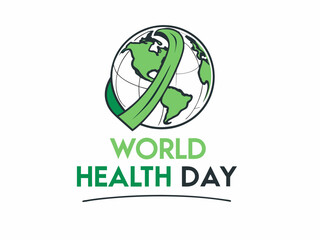 Global World Health Day Awareness Ribbon Logo ,A vibrant logo celebrating World Health Day, featuring a stylized Earth with a green and yellow awareness ribbon.