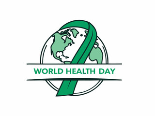 Global World Health Day Awareness Ribbon Logo ,A vibrant logo celebrating World Health Day, featuring a stylized Earth with a green and yellow awareness ribbon.