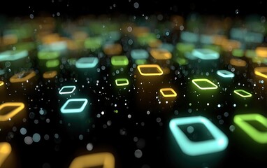 Abstract Digital Technology Concept: Glowing Neon Blue and Green Squares Floating on Black Background for Animation and Motion Graphics