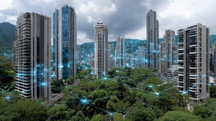 Digital connectivity over urban skyline: smart city with networked buildings and greenery