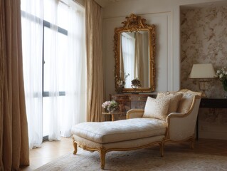 Luxurious chaise lounge in a classic room with gold accents.