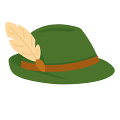 Vector illustration of a green hat with feather, traditional festive style, cartoon flat design.