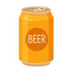 Vector illustration of a yellow beer can with lid and label, cartoon flat style, isolated.