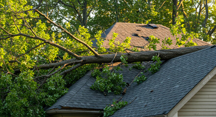 Tree branch falls on roof during afternoon storm, causing damage to residential house in suburban area