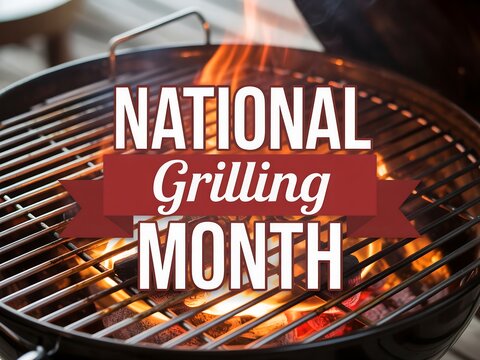 A close up of a grill with flames and a banner celebrating national grilling month celebration time
