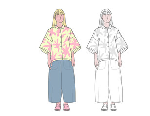 Minimal PNG Girl in Tropical Shirt and Wide Pants – Pastel Streetwear Fashion Illustration. PNG files