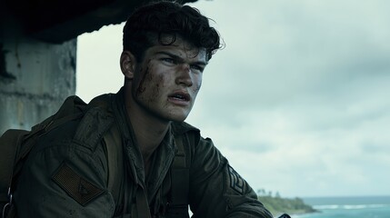 A pensive young man in a military uniform, contemplative pose.
