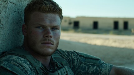 A serious military man leans against a wall in a desert.