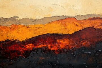 Abstract landscape painting with textured layers of warm oranges, browns, and blacks, evoking a sense of depth and fiery mountains.