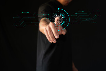 Man holding out his hand to show fingerprint scan icon