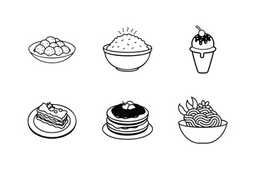 Dumplings, Rice bowl, Ice cream sundae, Cake slice, Pancakes with syrup, Noodles