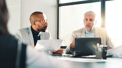 Mentor, discussion or business people with laptop for meeting for teamwork, advice or budget....