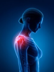 3D X-ray style illustration of female upper body with shoulder pain, glowing red joint highlights on blue background, lifestyle-related musculoskeletal issue