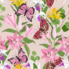 Fototapeta premium Butterflies, delicate orchids, lily and eucalyptus. Seamless vector illustration. For decoration textile, packaging, wallpaper.
