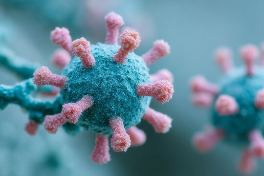Close-up of fuzzy teal and pink virus, microscopic dance of disease, scientific breakthrough aura, World Immunization Week - Powered by Adobe