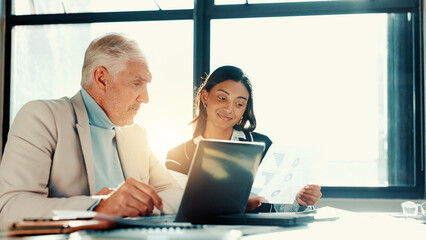 Charts, review or business people with documents for meeting for finance, feedback or budget. Mature manager, paperwork or financial advisors in office for accounting graphs, teamwork or performance