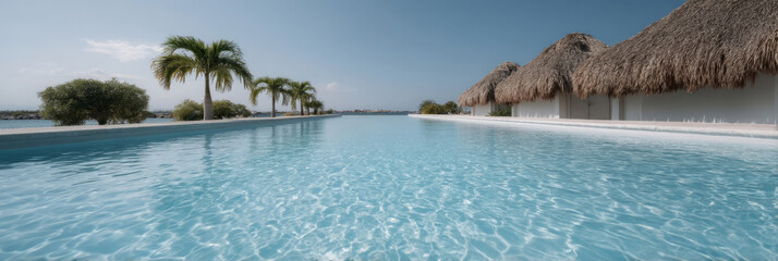 Fototapeta premium Refreshing azure tranquility beneath sun-kissed palm shelters invokes Day of the Dead beachside retreats, Caribbean sabbatical vibes