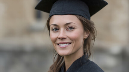 Smiling graduate woman in cap, celebrating wisdom harvest, echoes of Diwali enlightenment, symbolizing a new dawn