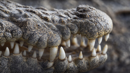 Fototapeta premium A detailed close-up of a Nile crocodile's jaw, highlighting its textured skin and protruding sharp teeth 