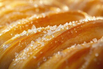 Close-up of golden-brown pastries dusted with sparkling sugar crystals.