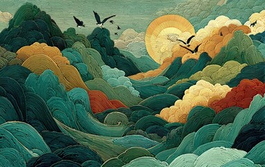 Light green gradient landscape with curved mountains and cartoon birds. Warm-toned dreamy scene, Asian-inspired aesthetic, yellow water ripples and colorful cloud formations under sunlight.
