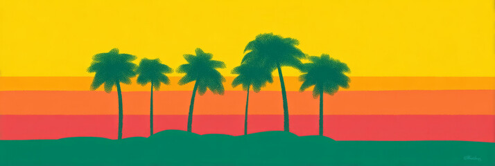 Tropical silhouette palms in vibrant sunset hues, capturing Reggae Day tranquility and World Environment Day's vivid promise