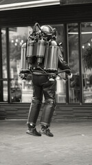 Retro-futuristic jetpack journey by a daring astronaut, igniting dreams on World Space Week, exploring cosmic possibilities
