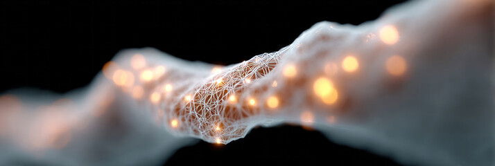 Intricately woven digital neurons glow amidst cosmic fibers, embodying futuristic synergy, perfect for World Quantum Day and Sci-Fi Fest