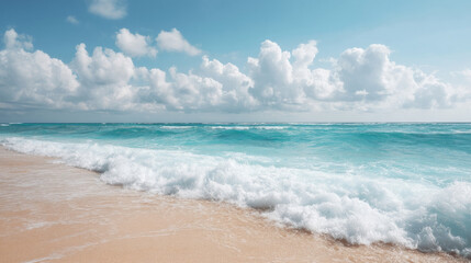 Crystal azure waves kiss the sunlit shore, evoking Ocean Day tranquility and the serene dance of coastal zephyrs