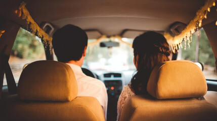 Romantic road trip, South Asian couple, enchanting car journey, love in motion, reminiscent of Bon Om Touk festivity