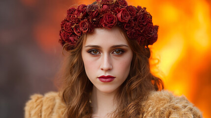 Mysterious young woman, adorned in crimson rose crown, fiery backdrop, celebrates Imbolc, Celtic enchantment, autumnal equinox elegance