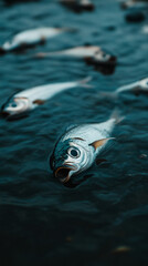 Silvery fish shimmer beneath murky waters, evoking World Oceans Day mystery and whispering folklore from the Abyss