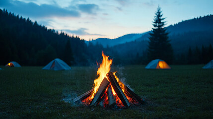 Flames dance under whispering twilight, echoing Beltane fires, while canvas tents cradle dreams of wilderness wanderlust
