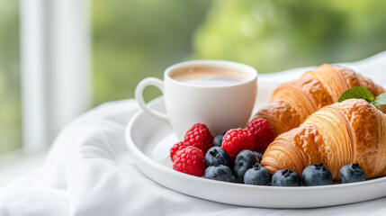 Aromatic espresso serenades flaky croissants amid succulent berries, celebrating Bastille Day brunch elegance and Hygge comfort moments