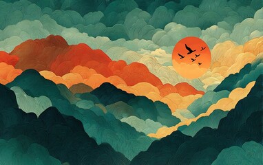 Warm dreamy landscape: Birds flying over curved mountains with light green gradient backdrop. Sunlight through colorful clouds, conveying hope, Asian-inspired cartoon scenery with delicate textures.