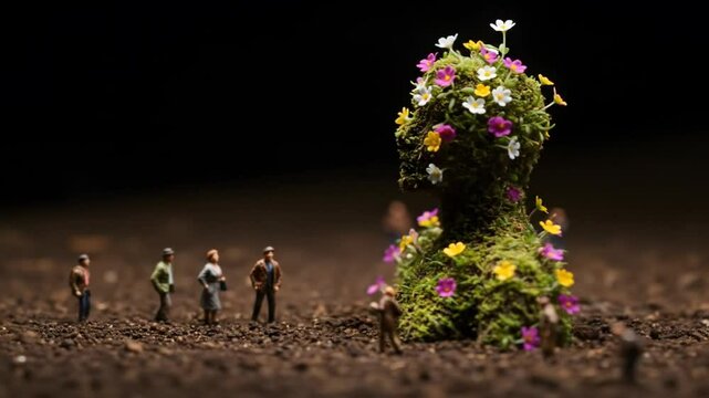Floral miniature tree with tiny figures