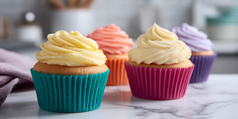 Close-up of three cupcakes with pastel frosting, displayed on marble surface.  Concept showcases delicious bakery treats, ideal for food blogs or dessert menus