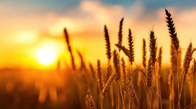 Golden wheat fields under a vibrant sunset, symbolizing harvest and nature's beauty