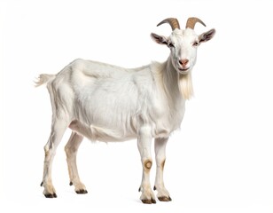 White Goat with Distinctive Curved Horns on a White Background